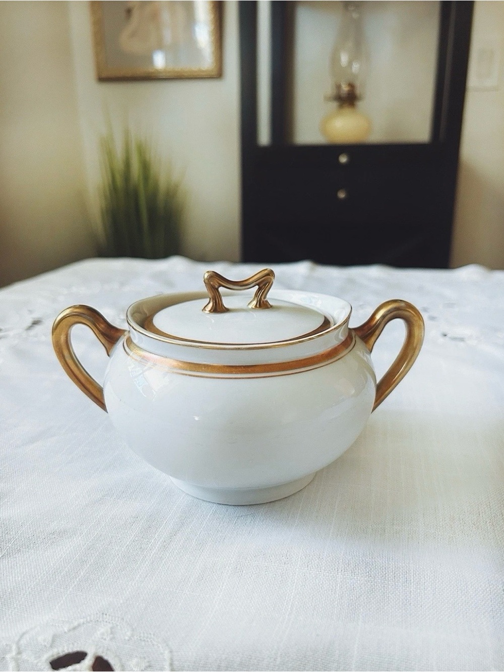Vintage Turin Bavaria Germany Porcelain Sugar Bowl Covered Serving Bowl Gold Tri